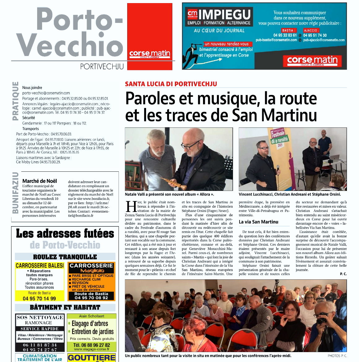 Article Corse-Matin du 25/10/2021 : Paroles et musique, la route et les traces de San Martinu